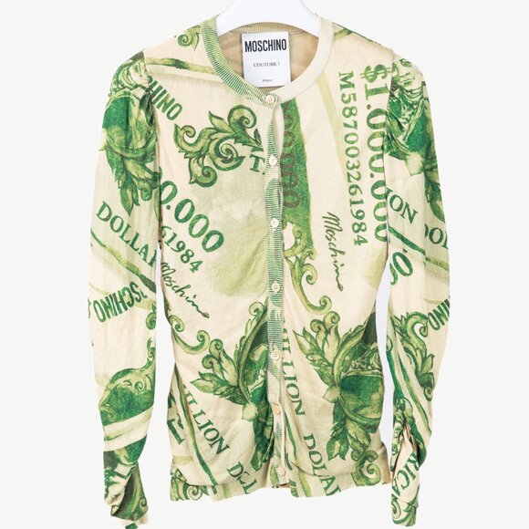 Moschino AW/19 Green Wool Money-Print Ruched Cardigan - Picture 1 of 10